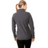 A women's polar fleece jacket in dark grey, featuring a half zip and a collar, with a logo on the back.