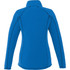 A blue women's half zip polar fleece jacket featuring a logo, with a fitted design and contrasting stitching.