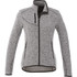 A women's knit jacket in grey with a zip front and detailing. It features a logo on the upper left.