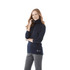 A woman wearing a navy knitted half zip jumper with a high collar. The jumper features a branded logo.