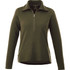 A knitted women's jumper in olive green with a half zip and long sleeves. It features a branding logo.