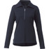 A women's navy knitted jumper featuring a half zip and a collar, with a logo on the front.