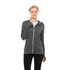 A grey women's full zip hoodie with a fitted design, featuring a hood and logo.