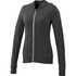 A women's grey full-zip hoodie with a hood and long sleeves, featuring a zip closure and a logo.