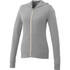 A grey women's knit full zip hoody featuring a hood and front pockets, with a logo on the design.