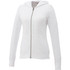 A white women's full zip hoody featuring a hood and front pockets, with a logo on it.