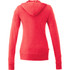 A red women's full zip hoodie featuring a hood and long sleeves, with a logo on the design.