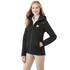 A women's black fleece lined jacket with a hood, featuring a logo and a zippered front.