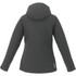 A women's softshell jacket in dark grey with a hood and a branded logo on the back.