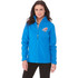 A blue women's softshell jacket with a zippered front and a logo on the side. Features a collar and pockets.