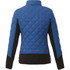 A women's insulated jacket in blue with black accents, featuring a quilted design and a branded logo on the back.