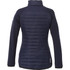 A women's navy insulated jacket with a quilted design and a high collar, featuring a logo on the sleeve.