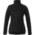 A women's black insulated jacket with a zip front, featuring a high collar and side pockets. It has a logo on the sleeve.