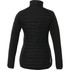 A black women's insulated jacket with a fitted design and a high collar, featuring a logo.