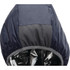 A hooded women's puffer jacket in navy blue, featuring a smooth, shiny interior and a logo on the exterior.