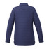 A navy insulated shacket with a quilted design, featuring a collar and buttoned cuffs, and a branding logo.