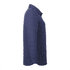 A navy insulated shacket for women, featuring a collared neck and side pockets. It has a logo on the design.