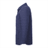 A navy women's insulated shacket featuring a collared design and quilted texture. It has a logo.