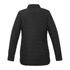 A black insulated women's shacket with a quilted design and a collar, featuring buttons on the sleeves.