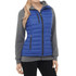 A women's blue down vest with a hood, featuring a zippered front and side pockets. It has a logo on the chest.