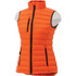 An orange women's down vest with a high collar and zip front, featuring two zippered pockets and a logo.