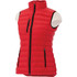 A red women's down vest with a high collar and zippered pockets, featuring a logo on the front.