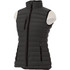 A lightweight women's down vest in dark grey, featuring zippered pockets and a high collar.