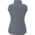 A grey women's light down vest with a high collar and stitched panels, featuring a logo on the back.