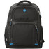 A black backpack with multiple compartments, featuring blue accents and a logo on the front.