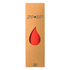 A drink bottle in a bright red colour, presented in a cardboard box with a logo and a drop-shaped cutout.