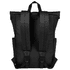 A black roll-top backpack with adjustable straps and side pockets, featuring a logo on the back.