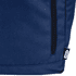A blue roll-top backpack with a zippered pocket and a small logo tag on the side.
