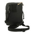 A compact black crossbody pouch with a detachable strap and a logo, featuring a textured design.