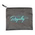 A grey toiletry bag with a turquoise logo and a zip closure, ideal for storing personal items.