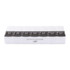 A clear pill case with eight compartments labelled for days of the week, featuring black lids and a logo.