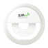 A circular white LED light with a central cutout and a logo at the top, featuring multiple small light sources around its edge.