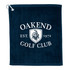 A navy blue terry golf towel featuring a logo and text for Oakend Golf Club, established 1972.