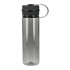 A drink bottle in grey with a black cap and a carrying loop, made from recycled R-PET material.