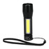 A mini rechargeable flashlight in black with a yellow light feature and a wrist strap for easy carrying.