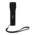 A black Mini Rechargeable 50 Lumen Flashlight with a wrist strap and a logo. Perfect for keyrings and tools.