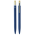 A navy blue recycled aluminium pen features a bamboo clicker and a clip, showcasing an eco-friendly design.