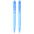 A blue ballpoint pen with a transparent barrel and a visible pen tip. Features a logo on the barrel.