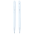 A clear plastic ballpoint pen featuring a simple design and a logo. Ideal for writing.