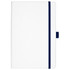 A white bound journal with navy blue accents and a small closure loop, featuring a logo.
