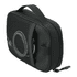 A black toiletry bag with a mesh pocket and zipper, featuring a handle for easy carrying.