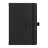 A black hard-bound journal with an elastic closure, featuring a logo on the front cover.