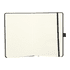 A hardbound journal notebook with lined pages and a black cover, featuring an elastic closure and bookmark.