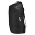 A black duffel bag with mid blue accents and a logo on the side.