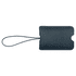 A dark leather luggage tag with a loop attachment. It features a minimalist design and has a logo.