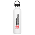 A drink bottle with a sleek white design, featuring a black top and a logo. It holds 1 litre of liquid.